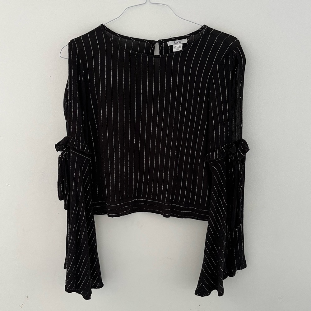 Bar III Black Vertical Strip Bell Sleeve Blouse